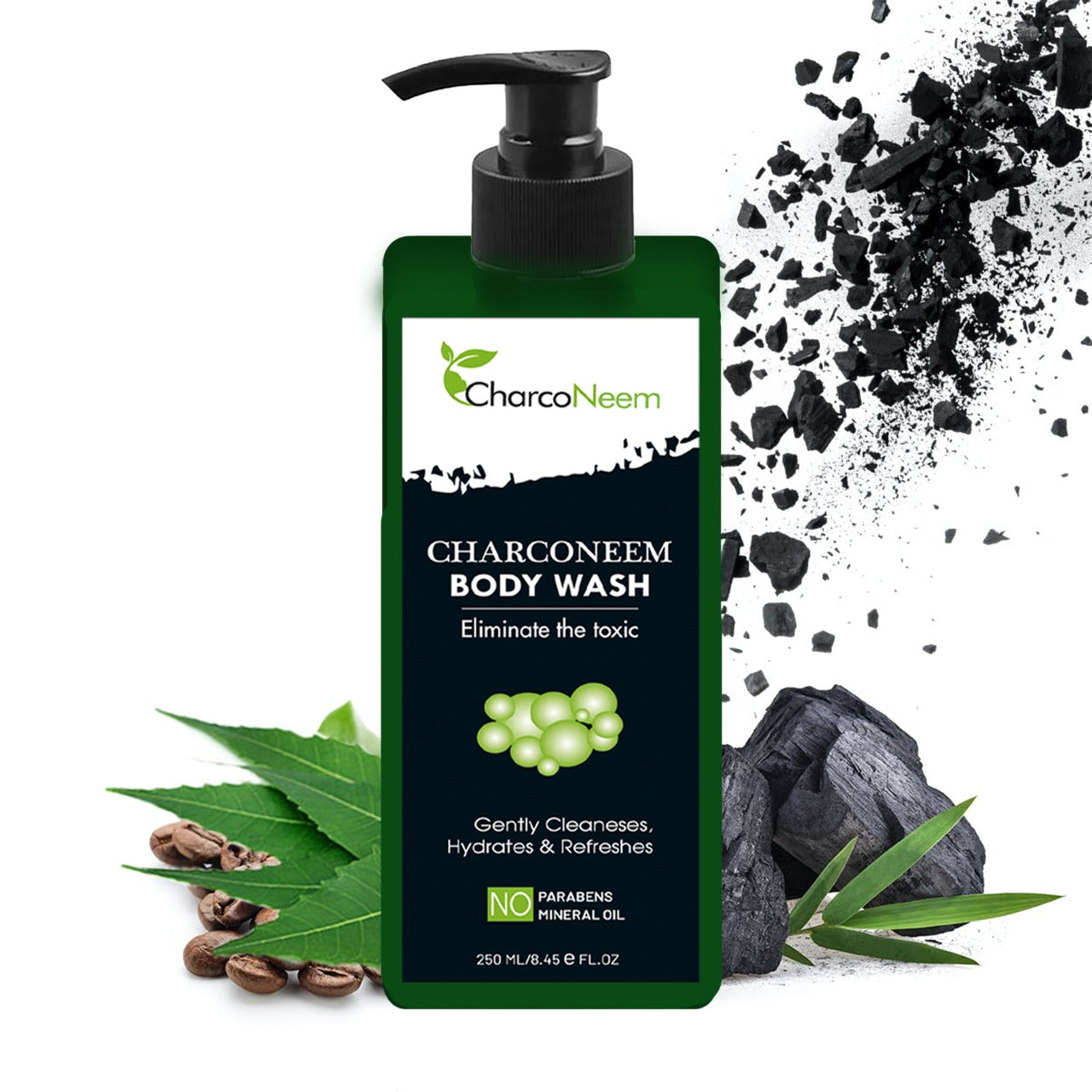 CharcoNeem Charcoal & Mint Body Wash With Neem & Tea Tree Oil for Men & Women (250 Ml)